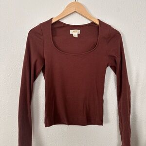 Maeve by Anthropologie Brown Long Sleeve Scoop Neck Top